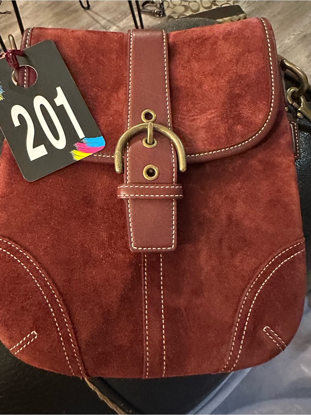 Coach #201 SoHo Burgundy Suede Crossbody with Leather Trim and Gold Buckle